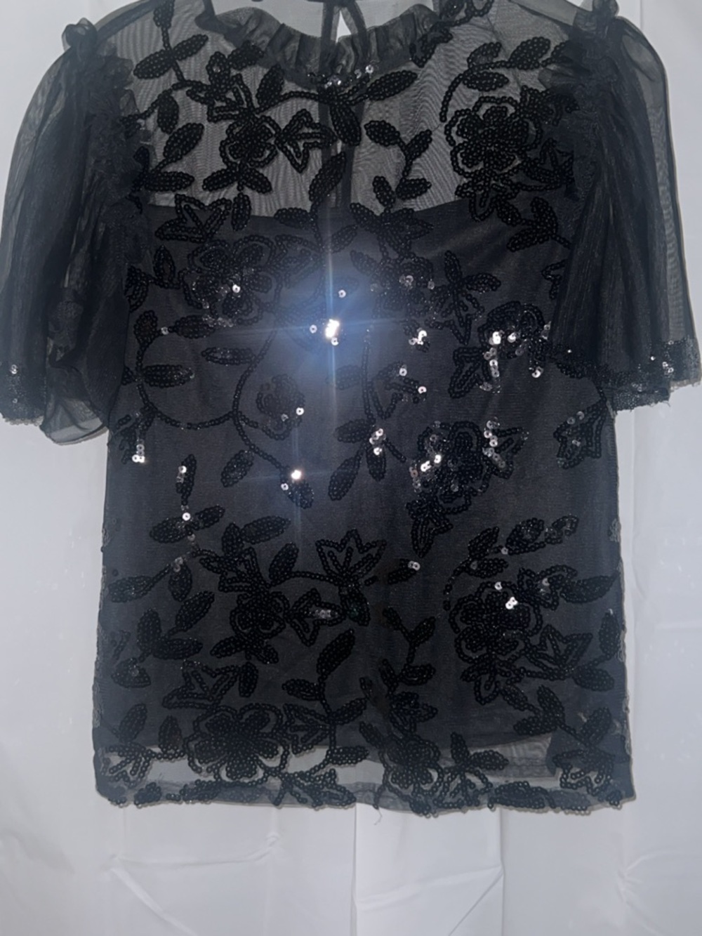 Black Sequin Floral Mesh Women's Top